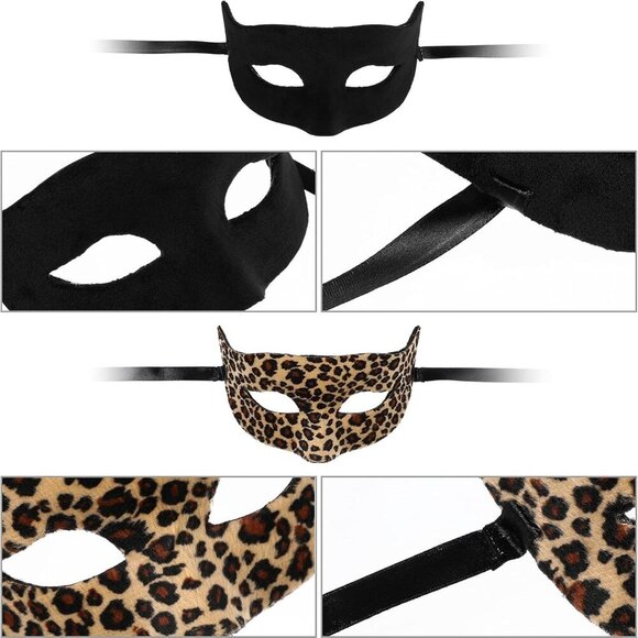 Cat Ears Headband & Masquerade Mask Set Plush Leopard Print Costume Accessory main image 7
